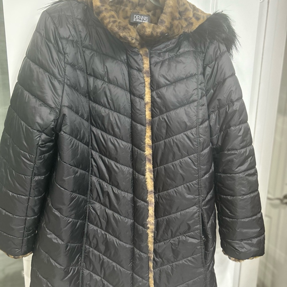 Dennis Basso Black Puffer Coat with Faux Fur